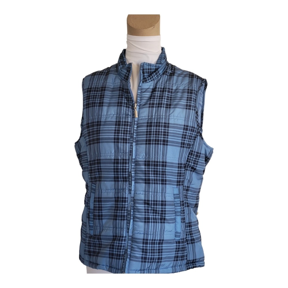 Jane Ashley Blue Plaid Quilted Puffer Vest Women SZ M